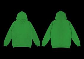 Template blank flat green hoodie. Hoodie sweatshirt with long sleeve flatlay mockup. for design and print. Hoody front and back top view isolated on white background photo