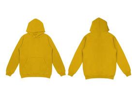 Template blank flat yellow hoodie. Hoodie sweatshirt with long sleeve flatlay mockup. for design and print. Hoody front and back top view isolated on white background photo