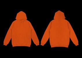 Template blank flat orange hoodie. Hoodie sweatshirt with long sleeve flatlay mockup. for design and print. Hoody front and back top view isolated on white background photo