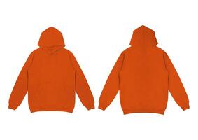 Template blank flat orange hoodie. Hoodie sweatshirt with long sleeve flatlay mockup. for design and print. Hoody front and back top view isolated on white background photo