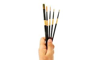 Different brushes with paints on white background photo