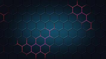Blue hexagons with red glow. Gradient background of honeycombs and red lava. Gaming pattern from geometric figure. Background of figures with six sides of red-hot magma. Grid sestet. Wall polygon. video