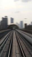 Curving Train Tracks with a Vivid Urban Skyline that is Displayed in a Soft Focus Effect video