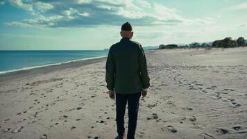 Veteran American Military Man Walk Alone On The Landing Beach During Memorial video