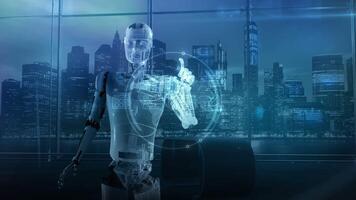 Artificial intelligence works with satellite communications hologram. 3D render video