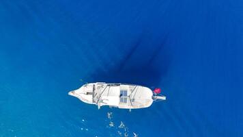 360-degree Drone View of Yacht Moored by Island with Tourists Swimming in Waters video