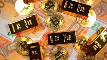 Shiny Gold Bars with Bitcoin on the 50 Euro Bills - Top View. Euro Money Currency. A Lot of Fifty Euro Banknotes. Success, Finances, Cryptocurrency and Wealth Concept - Rotation Right video