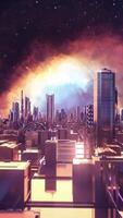 Futuristic landscape, motion in virtual space and the background of an exploding star and a city. Stock animation. Flying above the abstract beautiful city, streets and buildings against the galaxy. video