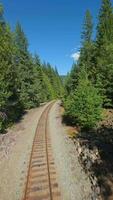 FPV drone is flying fast forward over railway track. Canada video