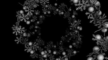 A Christmas wreath in the form of an endless spiral of white balls and 3D snowflakes. Black background, abstract animation. video