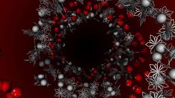 A Christmas wreath in the form of an endless spiral of red and white balls and 3D snowflakes. Red background, abstract animation. video