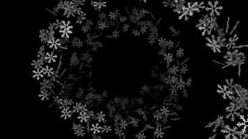 Christmas wreath in the form of an endless spiral of 3D snowflakes. Black background, abstract animation. video