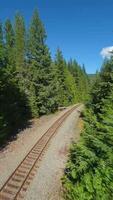 FPV drone is flying fast forward over railway track. Canada video