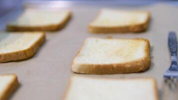 Place bread on a baking tray to toast. Soft bread slices placed on a right wooden tray isolated video
