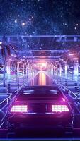 Bright futuristic world of computer space in the style of science fiction of the 80s. Stock animation. The movement of a futuristic machine in virtual space on space galaxy background, seamless loop. video