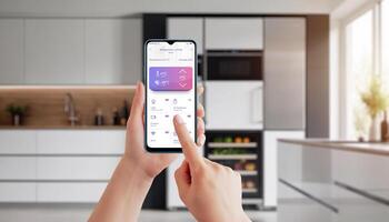 Smart fridge temperature control via mobile app. Advanced kitchen appliance management, adjusting settings for optimal cooling, modern technology for smart home and efficient energy usage photo