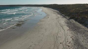 Girl walking on an empty beach drone video