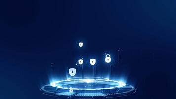 Motion graphic of Blue security shield icon connection with rotation of futuristic circle technology abstract background video