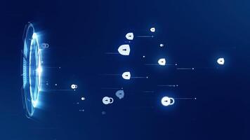 Motion graphic of Blue security shield icon connection with rotation of futuristic circle technology abstract background vertical concept video
