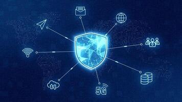 Motion graphic of Blue security shield with icon connection and data transfer futuristic technology abstract background network security concept video