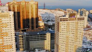 Top of a mountain covered with snow with a TV tower. Vladivostok, Russia video