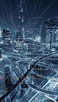 An advanced futuristic cityscape showcasing data visualizations and connectivity aspects video