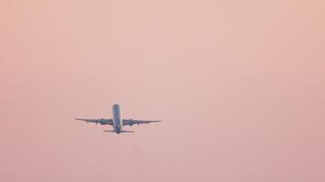 Jet plane with unrecognizable livery gaining altitude after takeoff in pink sunset sky, rear view video