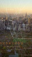 An Aerial Perspective of a Cityscape Enhanced with Data Overlays and Numerical Displays video