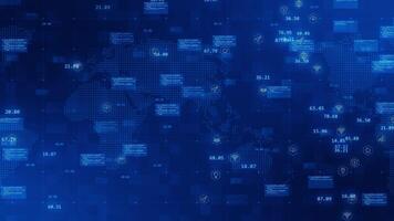 Motion graphic of Blue technology futuristic icon levitation on map abstract background concept seamless loop video