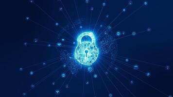 Motion graphic of Blue digital security key and earth sphere with line connection and data transfer to icon futuristic technology abstract background network security concept seamless loop video