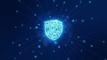 Motion graphic of Blue security shield and earth sphere with line connection and data transfer to futuristic technology icon on abstract background network security concept seamless loop video
