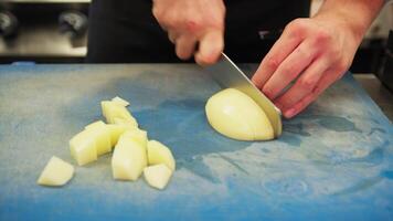 Chef Helper is Cutting Potatoes for Baking in Italian Restaurant Kitchen video
