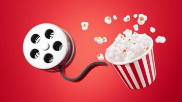 Cartoon film reel and popcorn on the red background, 3d rendering. video