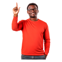 Smiling man in red sweater pointing up with cheerful expression png