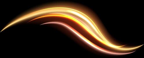 Elegant, flowing light waves in warm hues of gold and orange create a dynamic, abstract design on a dark background. The composition suggests energy and movement, evoking a sense of fluidity vector