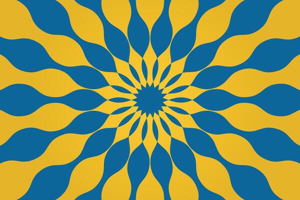Explosion effect of blue petals on a yellow background. Floral abstract circular pattern for printing on decorative pillows, interior design. .