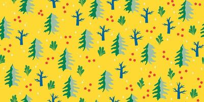 Yellow christmas beautiful green trees seamless pattern repeating colorful elements trendy illustration background vector