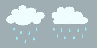 Flat rainy cloud. Cartoon white puffy, fluffy and cumulus clouds in blue sky. Abstract comic weather elements. Objects cloudscape for game. vector