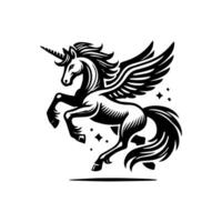 A black and white illustration of a unicorn with wings vector
