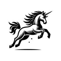 A black and white illustration of a unicorn running vector