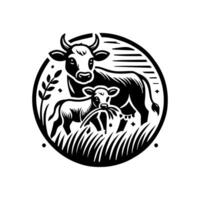 A cow and calf in a circle with a black and white background vector