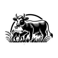 Cow and calf in the field illustration vector