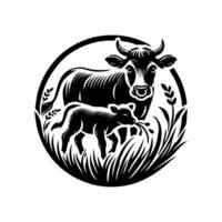 A cow and calf in a circle with grass vector