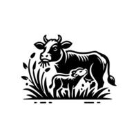 A cow and calf are standing in the grass vector
