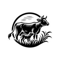 A cow and calf in a field with grass vector
