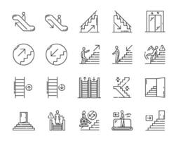 Stairs, escalator or elevator emergency exit icons vector