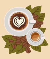 Two coffee cups, espresso, cappuccino, latte top view with a heart shape milk foam standing on a table with a pile of coffee beans and leaves. vector