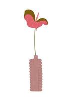 A pink flower is in a vase. The flower is the main focus of the image. The vase is pink and has a unique design vector