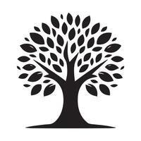 A symmetrical, stylized graphic of a tree with detailed leaves and a robust trunk, set within a circular base representing the earth. vector