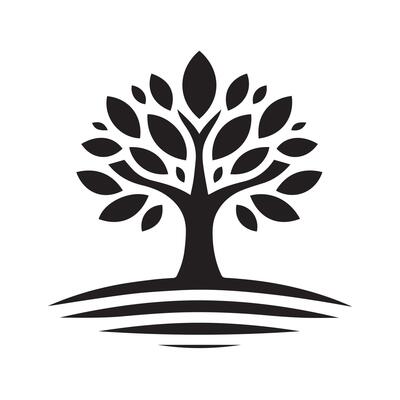A stylized, symmetrical tree graphic, encircled by a circle, set against a plain white background.